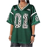 Verdusa Women's Y2k Jersey Shirt Baggy Shirt Oversized Tshirts Leopard Print V Neck Tshirt Tops