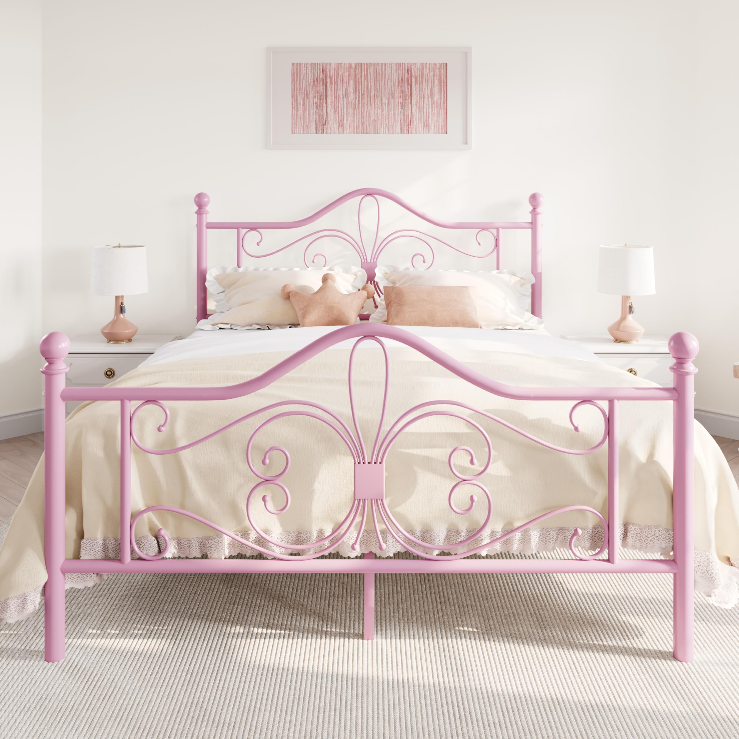 SHA CERLIN Queen Size Bed Frame for Kids,Metal Bed Frame with Butterfly Pattern Design Headboard and Footboard,No Box Spring Needed,Easy Assembly,Pink Image SHA CERLIN Queen Size Bed Frame for Kids,Metal Bed Frame with Butterfly Pattern Design Headboard and Footboard,No Box Spring Needed,Easy Assembly,Pink Image