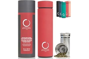 PURE ZEN TEA Pure Zen Insulated Tea Thermos with Infuser - for Tea, Coffee and Fruit-Infused Water - Portable Travel Tea Mug with Infuser and Lid - Unique Gifts for Women - 15oz Tea Bottle Red