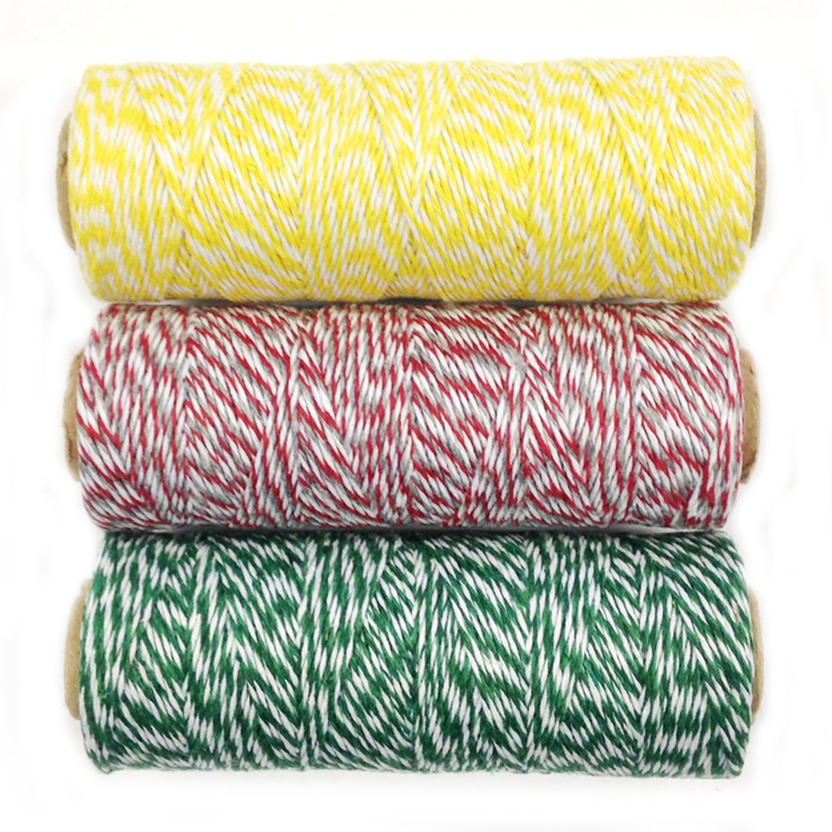 Wrapables 4-Ply Cotton Baker's Twine for Gift Wrapping and Arts and Crafts, 110-Yard Spool, Yellow/Red and Grey/Dark Green, Set of 3