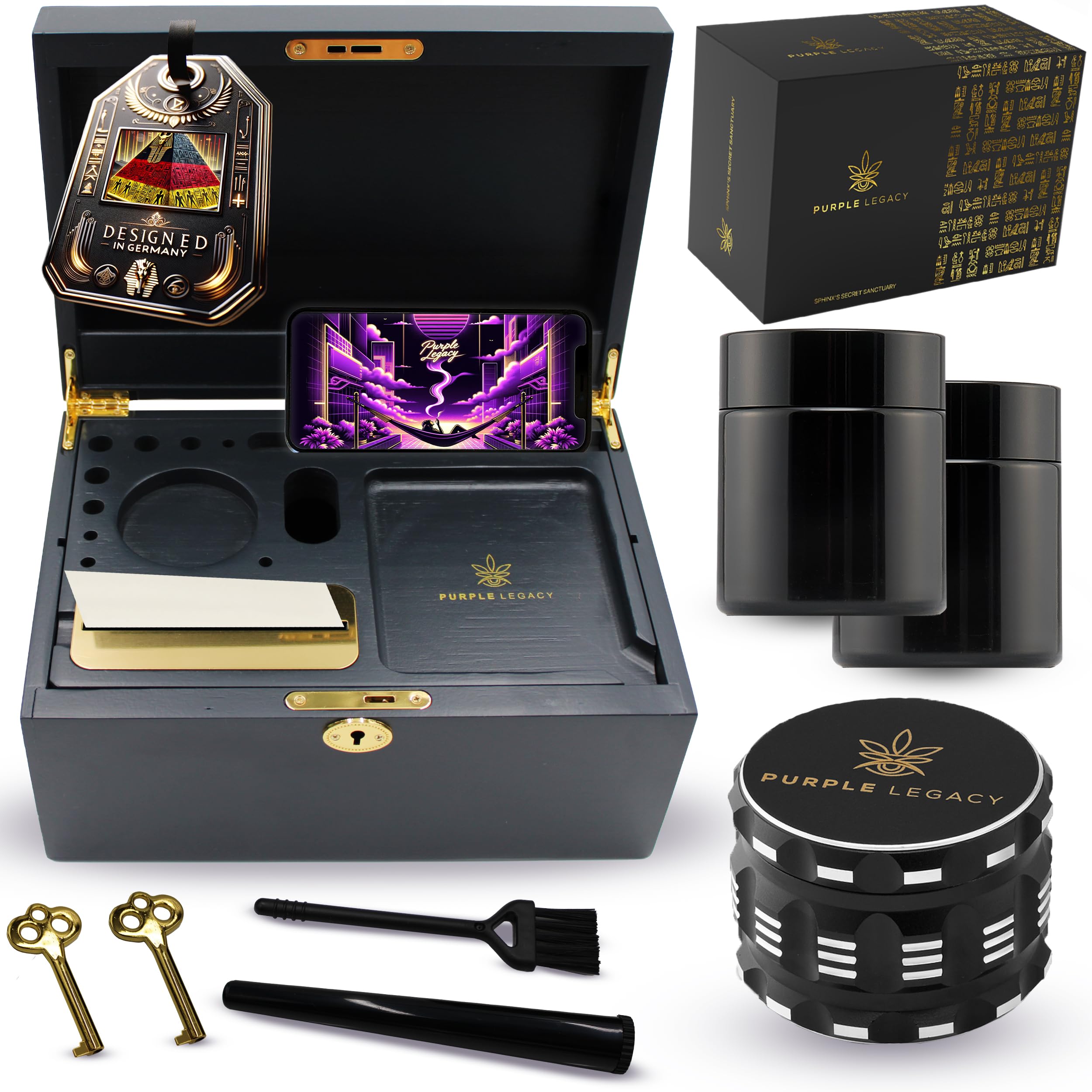 PURPLE LEGACY® Sphinx's Secret Sanctuary | Lockable Wooden Storage Box | UV Glasses, Tablet, Smartphone Holder, Large Grinder, Accessories