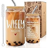 Wedding Gift Glass Cup for Bride - 2026 'Wifey' Glass Tumbler with Bamboo Lid & Straw, 16oz Bridal Shower, Engagement & Honeymoon Gifts for Wife, Newlywed Present, Christian Marriage Cup -m4
