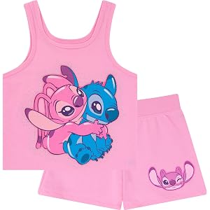 Disney Lilo & Stitch Girls 2 Piece Tank Top and Shorts Set – Gradient Rhinestone Graphic Summer Outfit