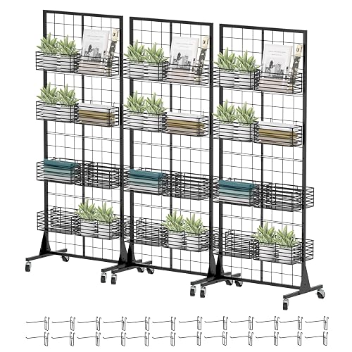 GridWall Display Stand With Wheels - 8 Panels, 10 Hooks, Black, Mobile Display Rack For Craft Shows & Retail