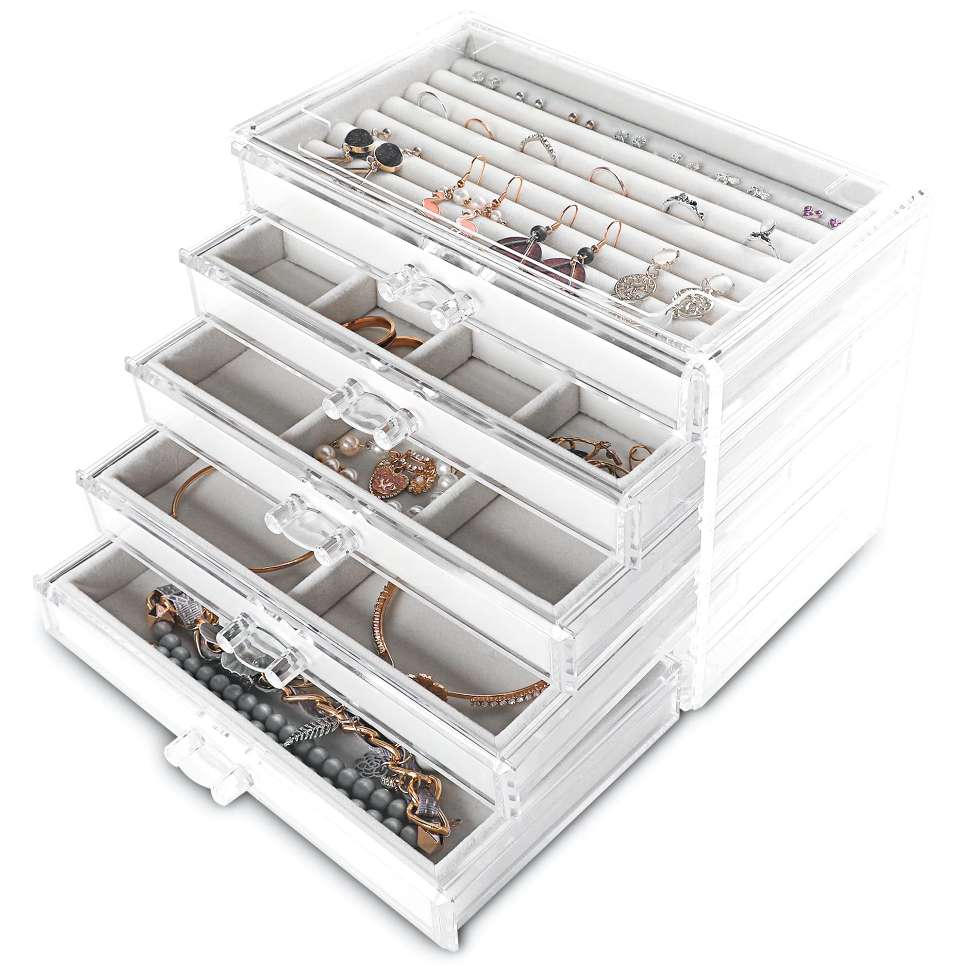 Photo 1 of Frebeauty Extra Large Acrylic Jewelry Box for Women 5 Layers Clear Jewelry Organizer Velvet Earring Box with 5 Drawers Rings Display Case Necklaces Holder Tray for Women Girls (White)