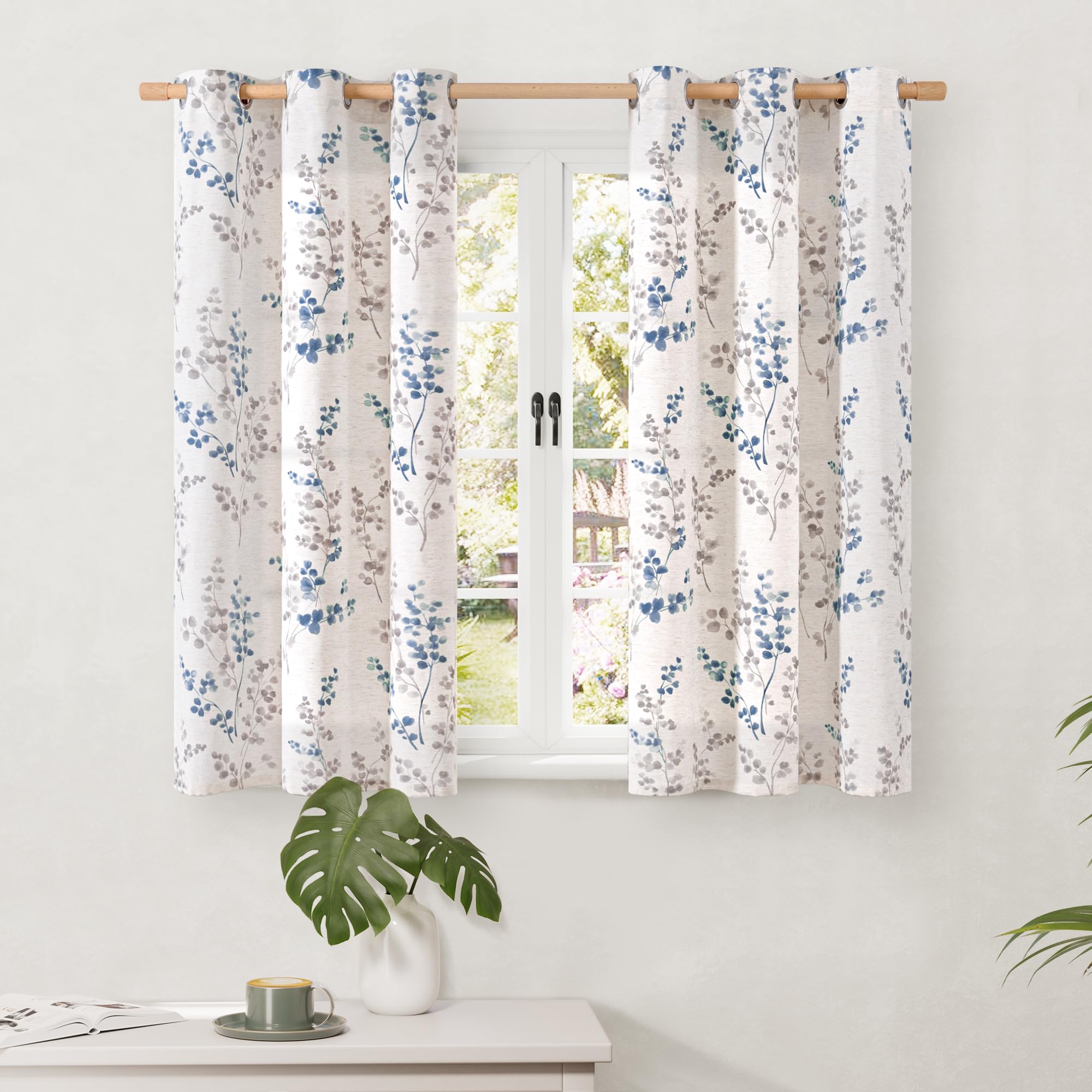 Photo 1 of BGment Short Linen Curtains for Small Window 45 Inch Length 2 Panels, Boho Light Filtering Privacy Curtains for Farmhouse Bedroom Basement Bathroom, Cottage Leaf Design, Each 42 Inch Wide, Navy