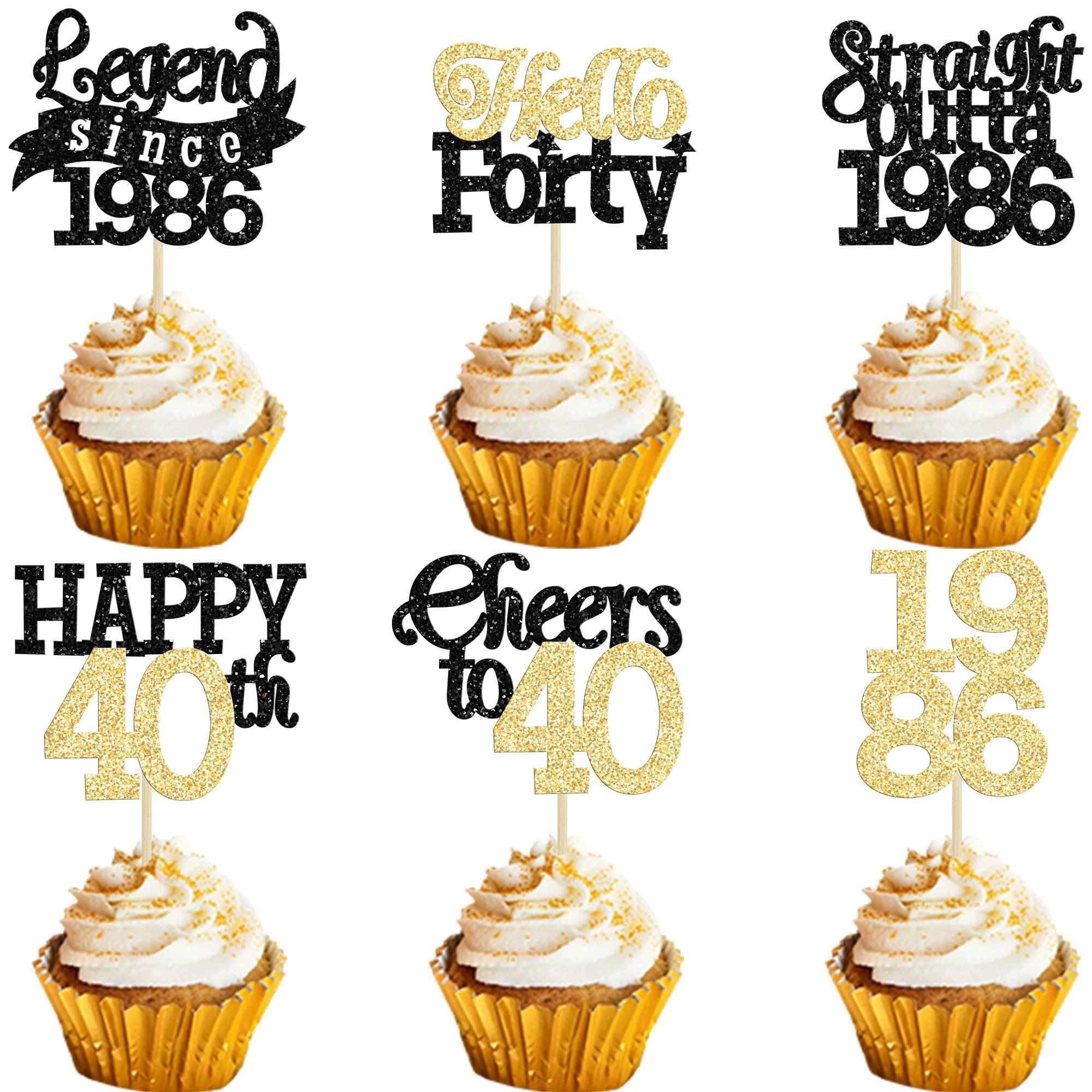 Gyufise 24Pcs Happy 40th Birthday Cupcake Toppers Hello Forty Legend Since 1986 Cupcake Picks Cheers to 40 Years Cake Decorations for 40th Birthday Anniversary Party Supplies Black Gold