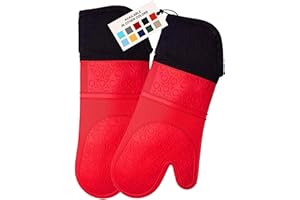 HOMWE Extra Long Professional Silicone Oven Mitt, Oven Mitts with Quilted Liner, Heat Resistant Pot Holders, Flexible Oven Gloves, Red, 1 Pair, 14.7 Inch