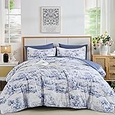 WONGS BEDDING Blue Comforter Set Full, 7 Pieces Bed in a Bag Blue Comforters with Sheets, Vintage Farmhouse Botanical Print Bed Sets, Soft Lightweight Microfiber Complete Bedding Set for All Season
