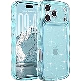 FABSPARK Phone Case for iPhone 17 Pro Max,Cute Clear Curly Wavy Frame Wave Case with Sparkly Bling Glitter,Non-Yellowing Transparent Acrylic Hard PC Cover for iPhone 17 Pro Max,Glitter Clear Blue