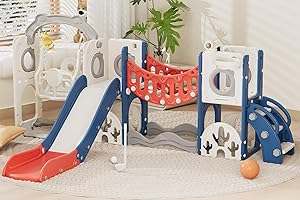 67i Toddler Indoor Playground Slide and Swing Set with Climbing Arch, Golf, Basketball - Outdoor Playset for Toddlers 1-3, Kids Activity Center​ (Red Blue, with Swing)