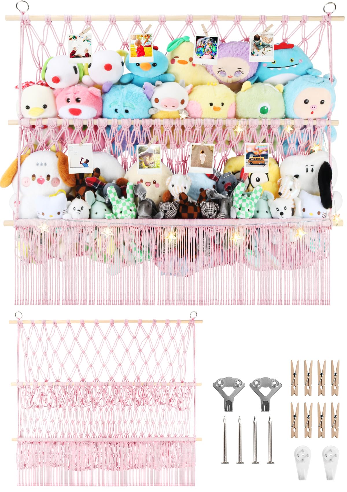 Photo 1 of 2 Tier Stuffed Animal Storage Shelf Net, 35x30'' Large Plushie Net w/ 2.4/1'' Dense Mesh for Mini Medium Stuffy Teddy, Pink Boho Macrame Toy Holder Display w/ Lights&Clips for Nursery Kid Girl Boy