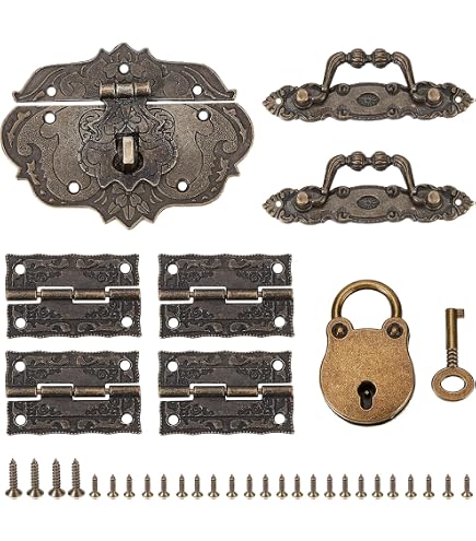 NICENEEDED Antique Bronze Locking Carrying Handle Hinge Kit – Zinc Alloy Jewelry Box Lock With Handle And 8 Protective Corners – Vintage Hardware For DIY Crafts