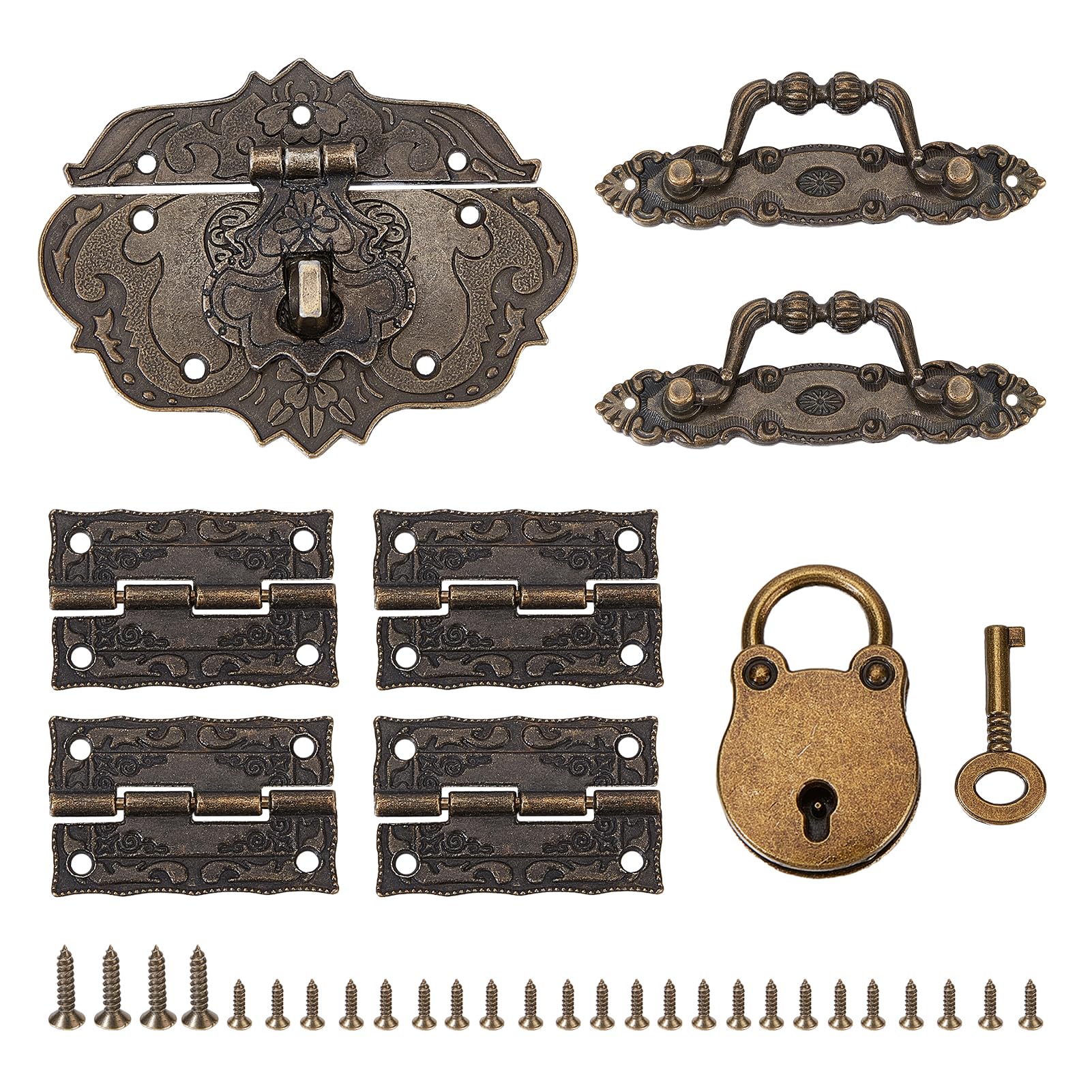 NICENEEDED 1 Set Jewelry Box Hinges Hasp Catch Handles Lock, Retro Engraved Decorative Hardware Kit with Screws, Bronze Wooden Box Latch Buckle for DIY Wooden Case Furniture Cabinet