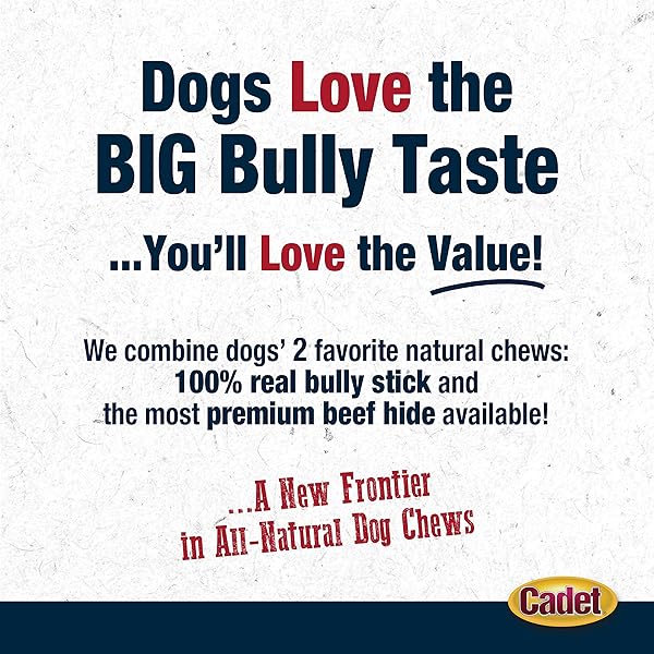 CADET BULLY HIDE STICKS FOR LARGE DOGS, ALL-NATURAL BEEF PIZZLE, LIMITED-INGREDIENT LONG-LASTING DOG CHEWS FOR AGGRESSIVE CHEWERS, 7 COUNT