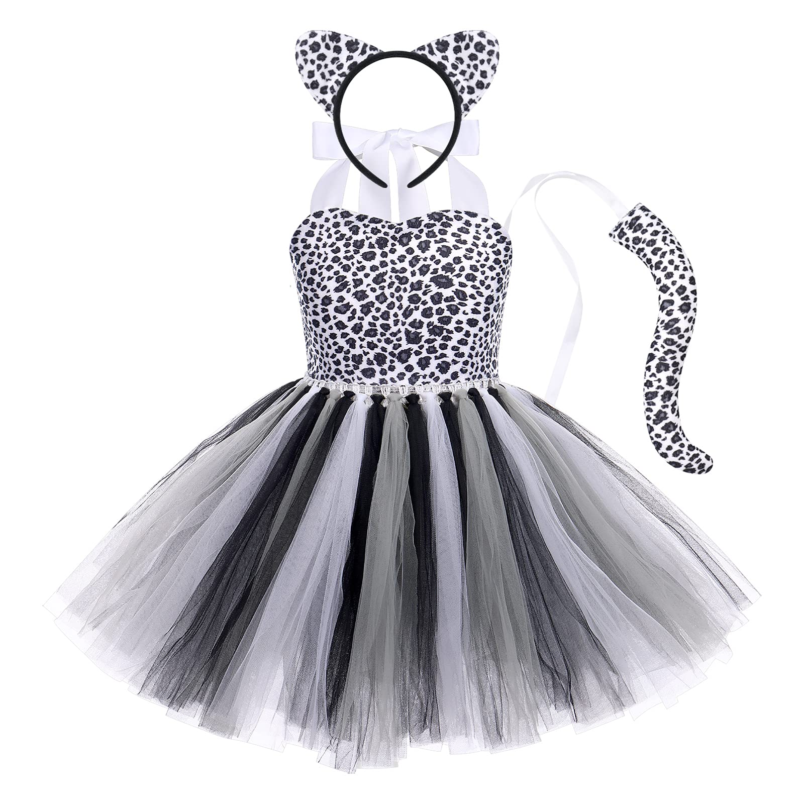Kid Baby Girls Animal Cosplay Costume Princess Fancy Dress Up Cow Tiger Leopard Giraffe Tulle Dress with Headband Tail 3PCS Halloween Christmas Carnival Outfit Black-Leopard 5-6 Years — image 1