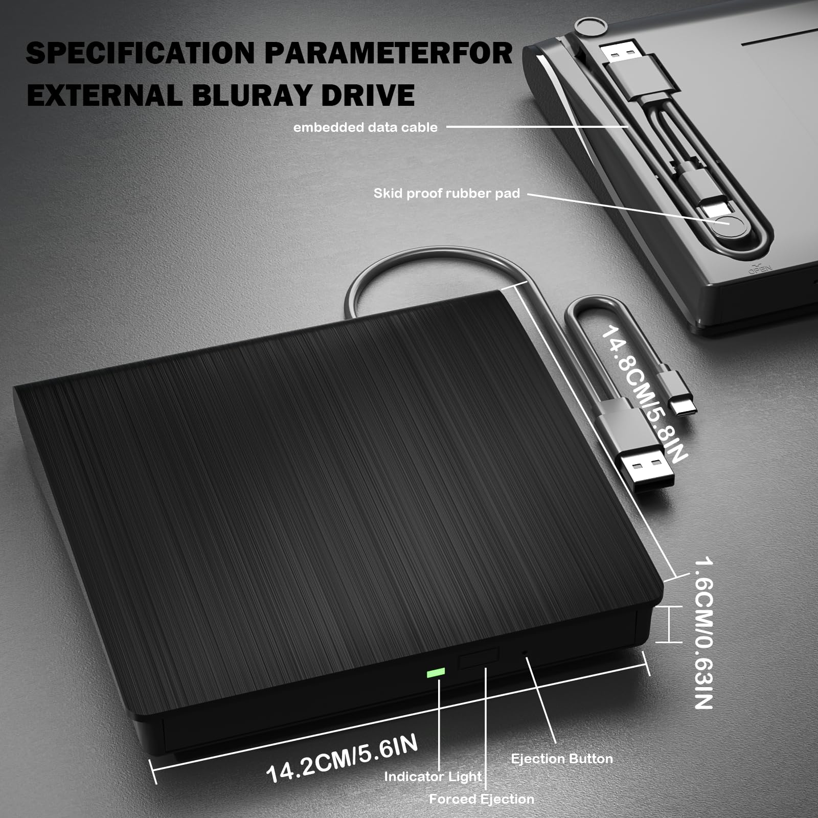 wintale External Blu Ray Drive, Portable 3D Bluray External DVD Drive, Blu Ray Burner with USB 3.0 and Type-C Dual Port, Bluray Drive for PC Windows XP/7/8/10/11 MacOS for Mac