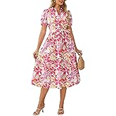GRACE KARIN Womens Cotton Summer Boho Midi Dresses 2026 Puff Sleeve Shirt Dress Flowy Floral Wedding Guest Dress with Pocket