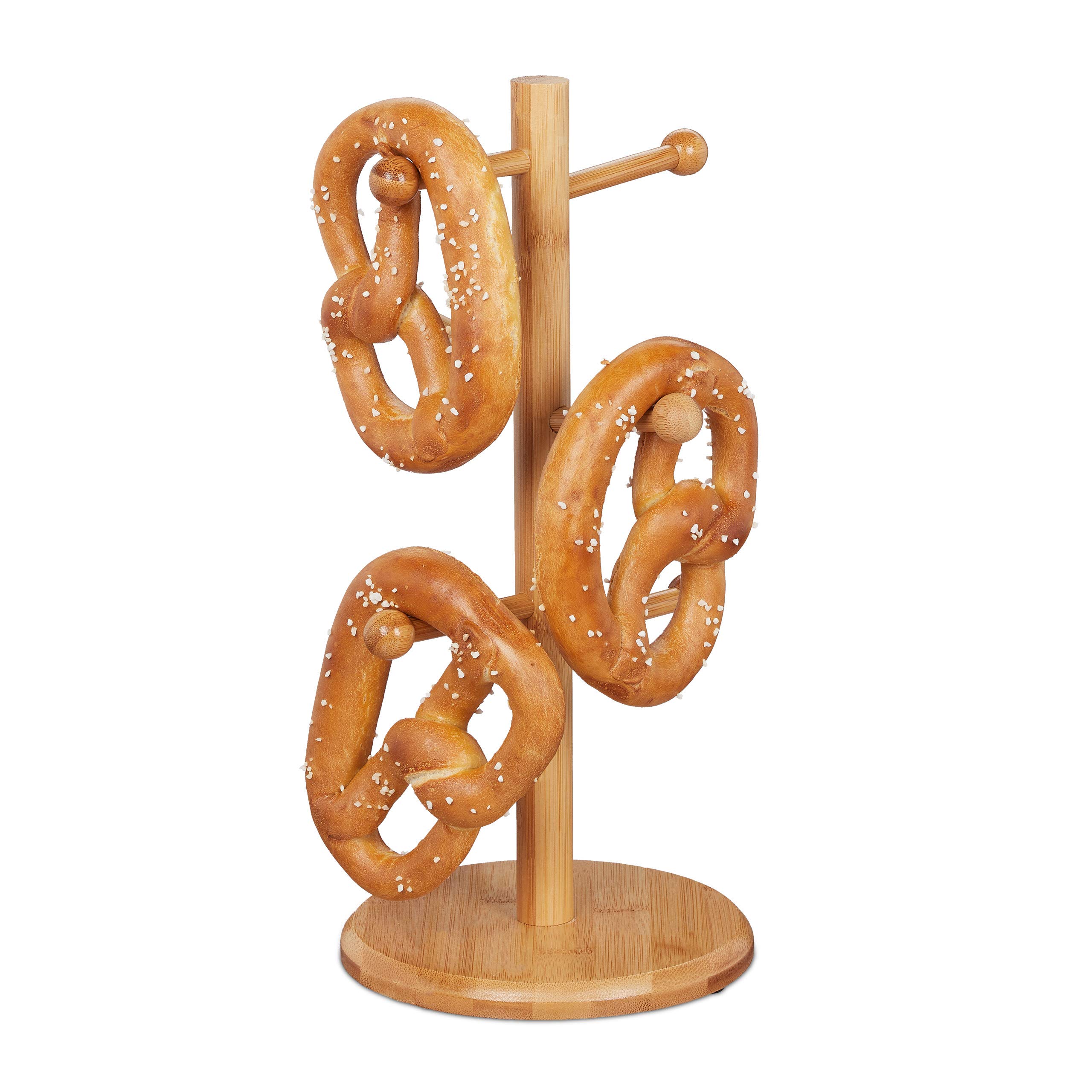 Relaxdays Bamboo Baked Pretzel Stand, 6-Arm, Height 35 cm, Sausage Tree or Cup Holder, Brezelbaum, Wood, Natural
