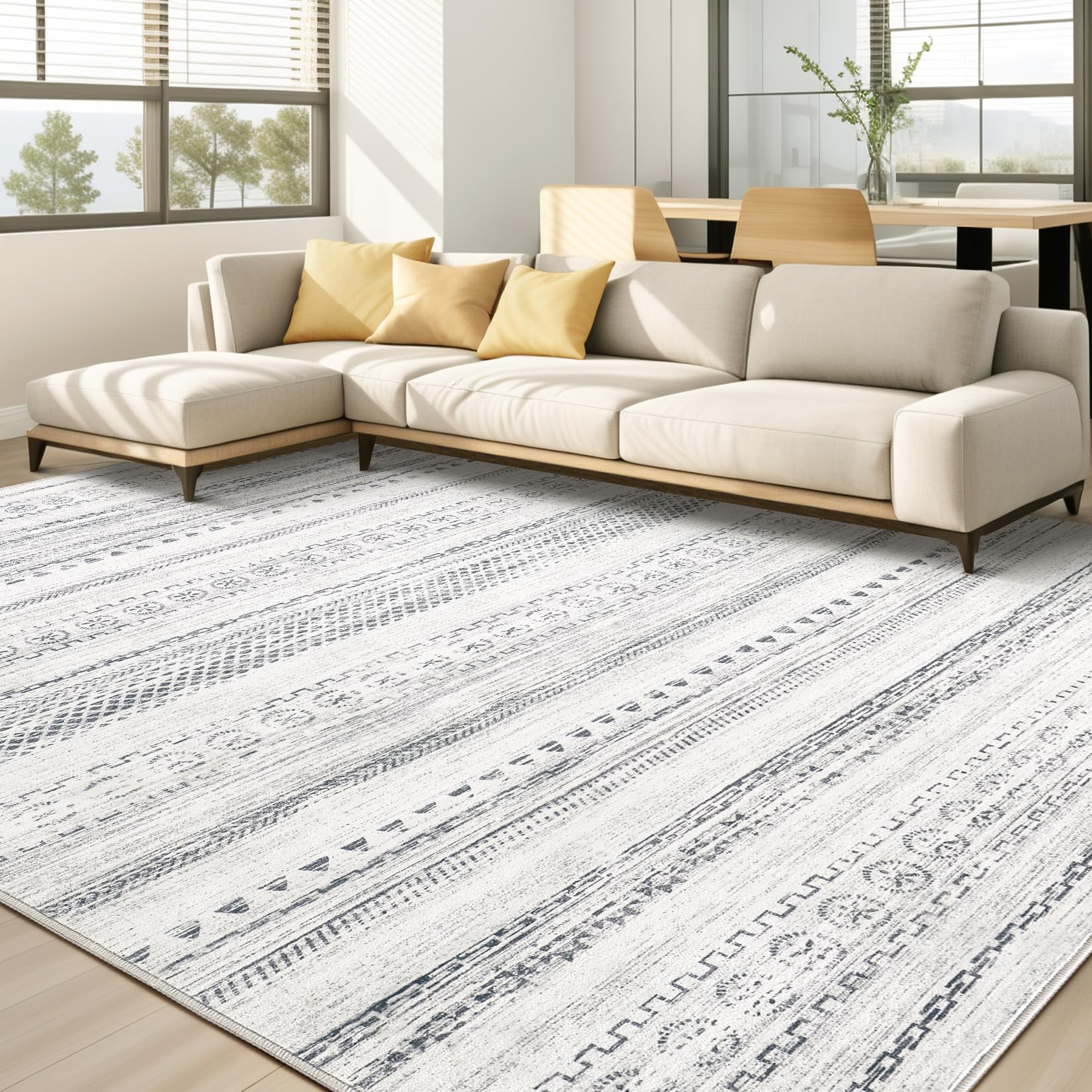 kakania 10x12 Washable Area Rug: Non Slip Soft Thin Carpet, Boho Geometric Modern Decor, Easy Clean Indoor Floor Large Rugs for Living Room Bedroom Kids Dorm Office Dining - Grey Image