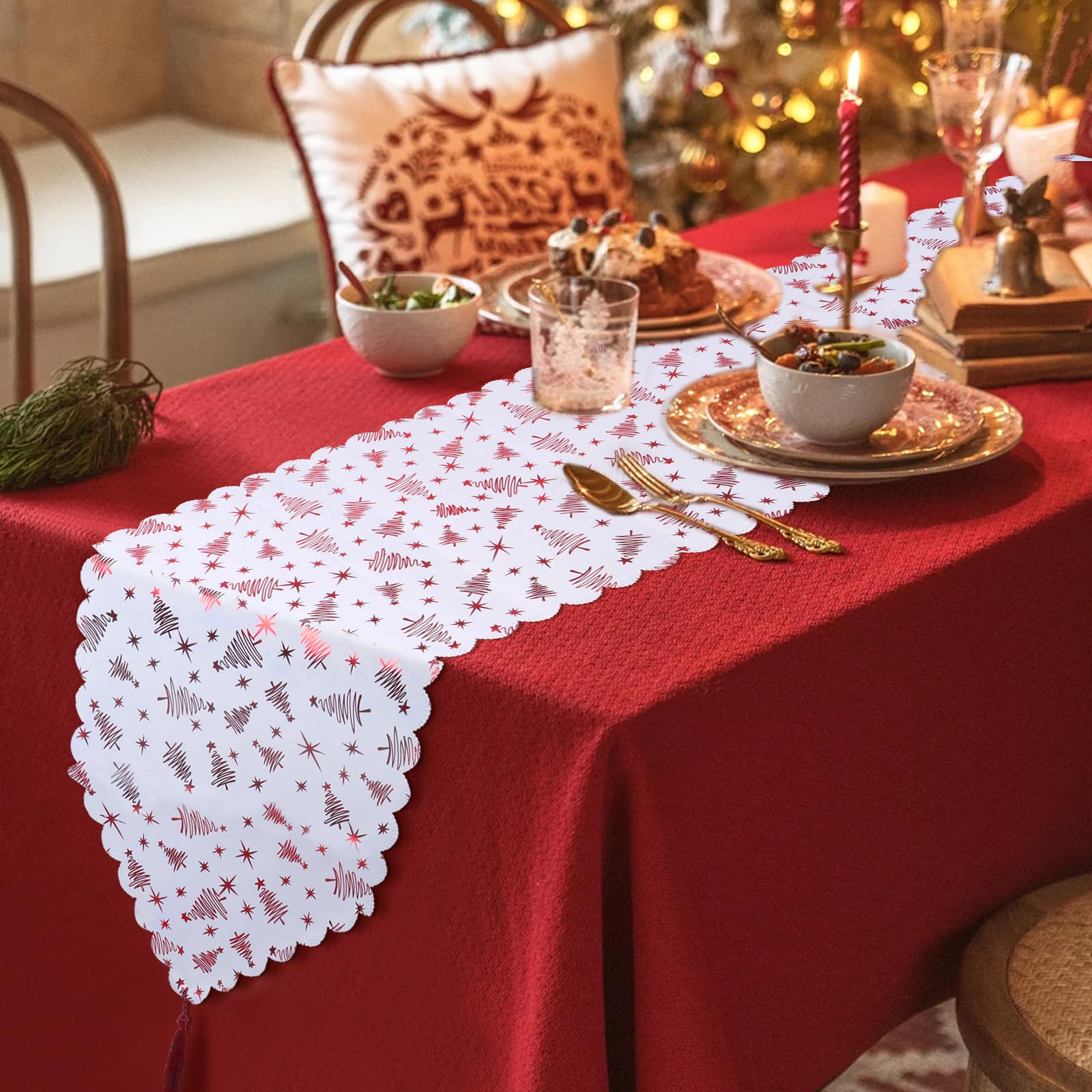 White Christmas Table Runner, Red Christmas Tree Table Runner for Dining Table, Christmas Runners for Tables, Dining Table Seasonal Winter Xmas Festival Holiday Dinner Decor
