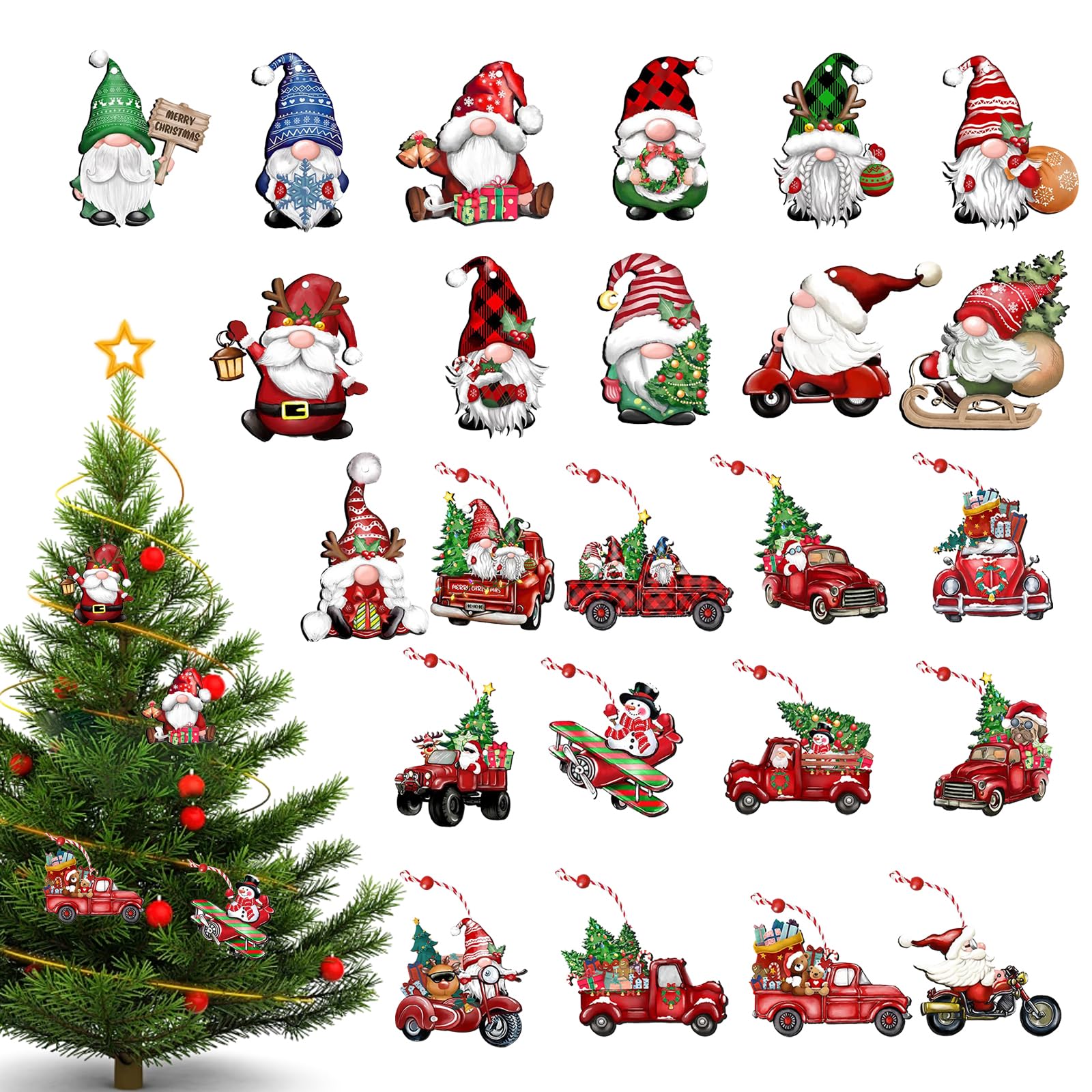 BSITSSS 24-Piece Christmas Ornaments - 24 Different Shapes, Wooden Crafts with Ropes for Tree Decorations