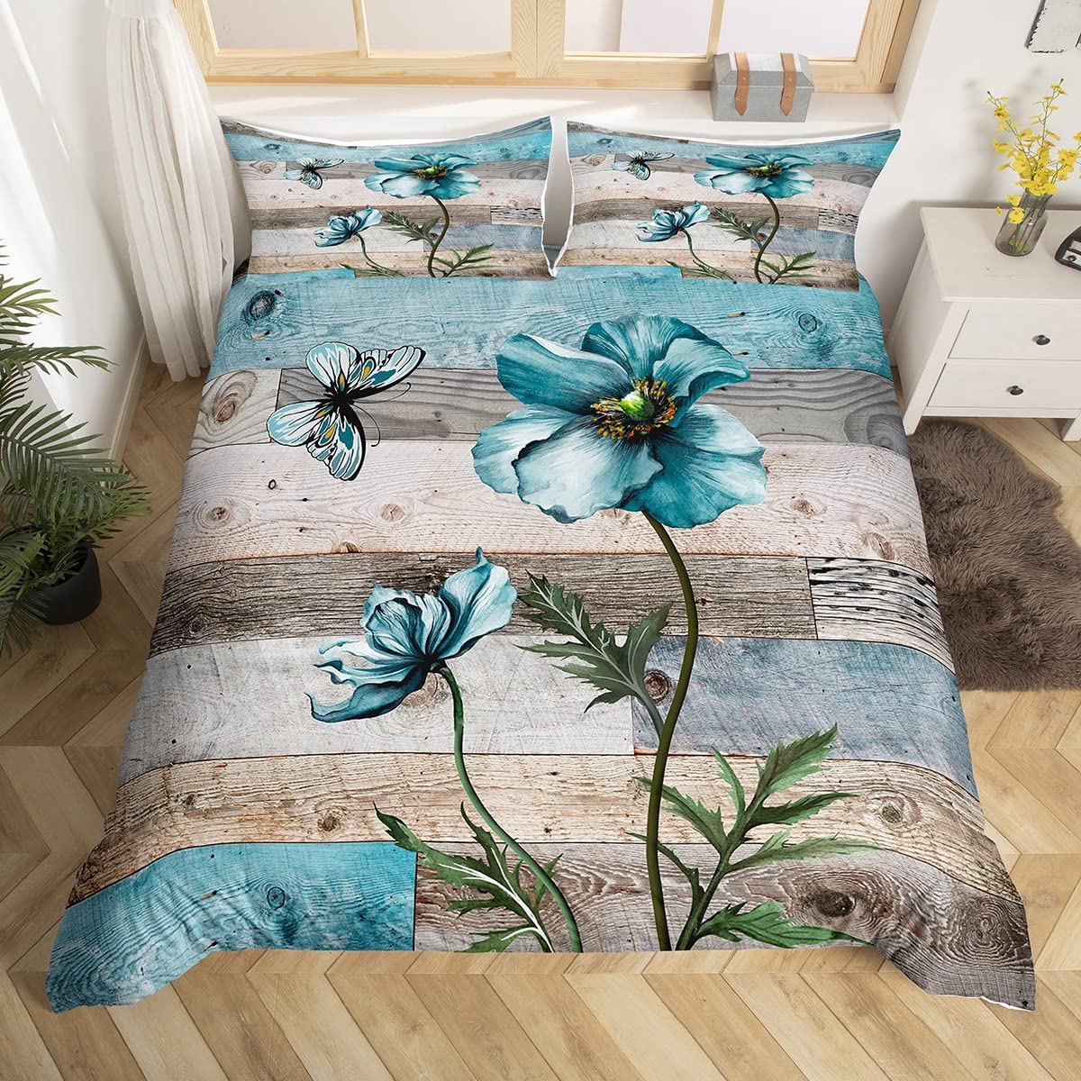 Manfei Farmhouse Duvet Cover Set Double Size, Watercolor Flower Butterfly Bedding Set 3pcs for Kids Boys Girls Room Decor, Blue Grey Wooden Board Comforter Cover Rustic Quilt Cover with 2 Pillowcases — image 1