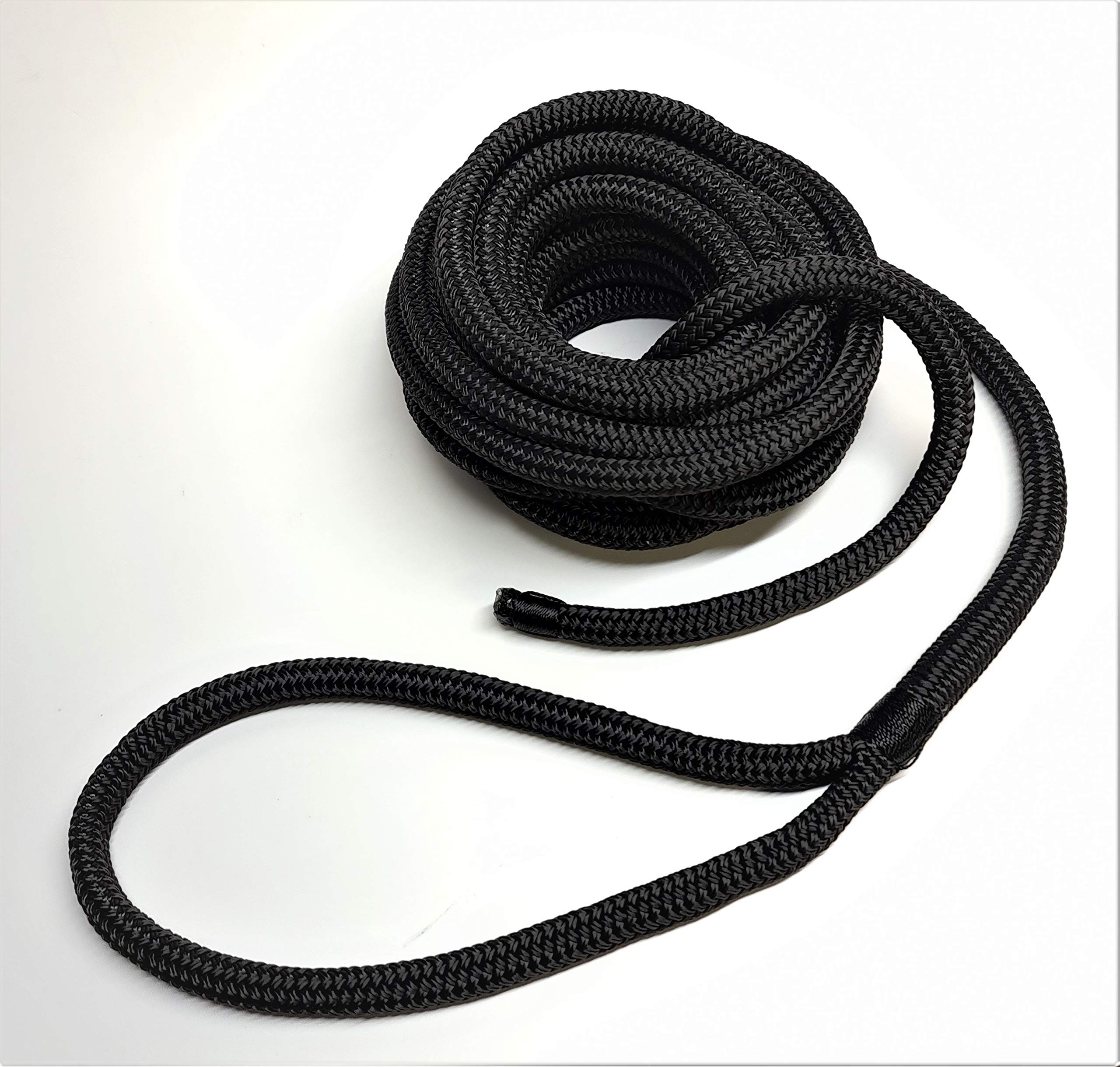 Dockline Double Braid Polyester Marine boat Mooring rope Spliced Dock Line Warps READY TO USE (Black, 14mm 10mt)