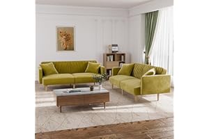 DAMAIFROM Velvet Futon Sofa Bed Set of 2, Mid Century Modern Loveseat Sofa, Convertible Sleeper Sofa Couch with Split Backrest, 75" Futon Couch for Living Room Small Spaces (Olive Green)
