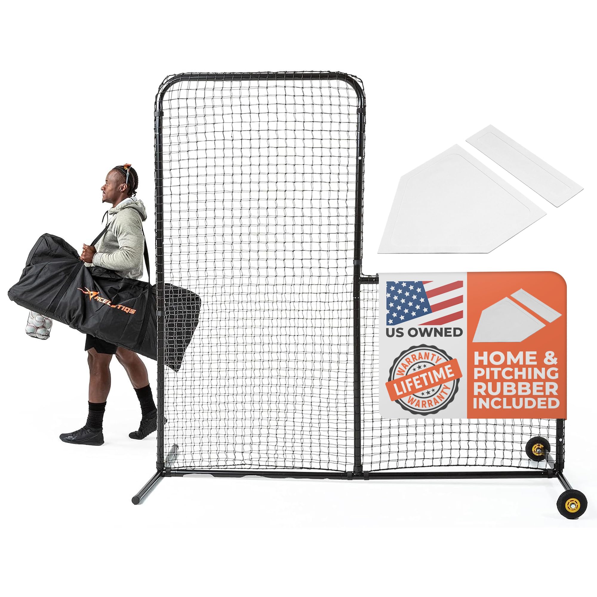 L Screen Baseball for Batting Cage | Baseball Pitching Net with Wheels-7 feet by 7 feet, 3.5 Inch by 3.5 Inch Cutout, Body Protector for Back Drive Lines Beisbol Image