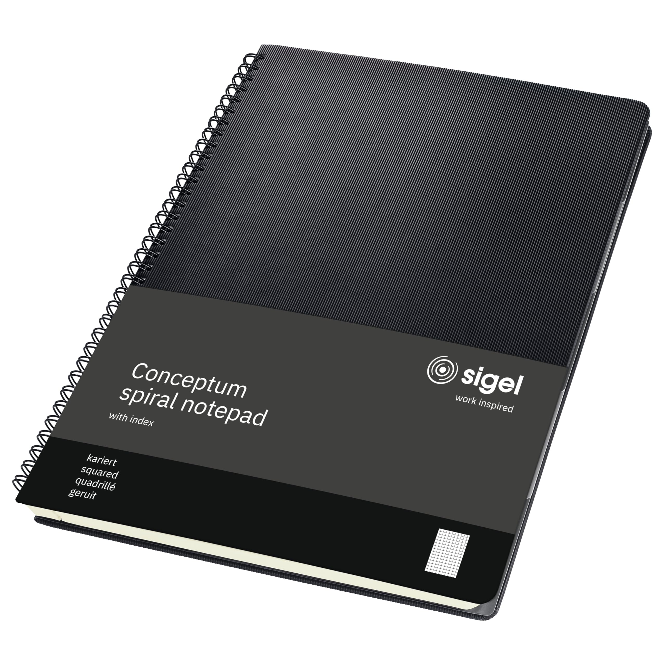 SIGEL CO840 Spiral Notepad, with Index, approx. A4, squaRed, hardcover, Black - Conceptum