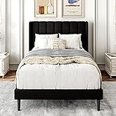 Gruwans Twin Size Bed Frame with Upholstered Wingback Headboard, Easy Assemnly Platform Bed, Wooden Slat Support No Box Spring Needed, Black
