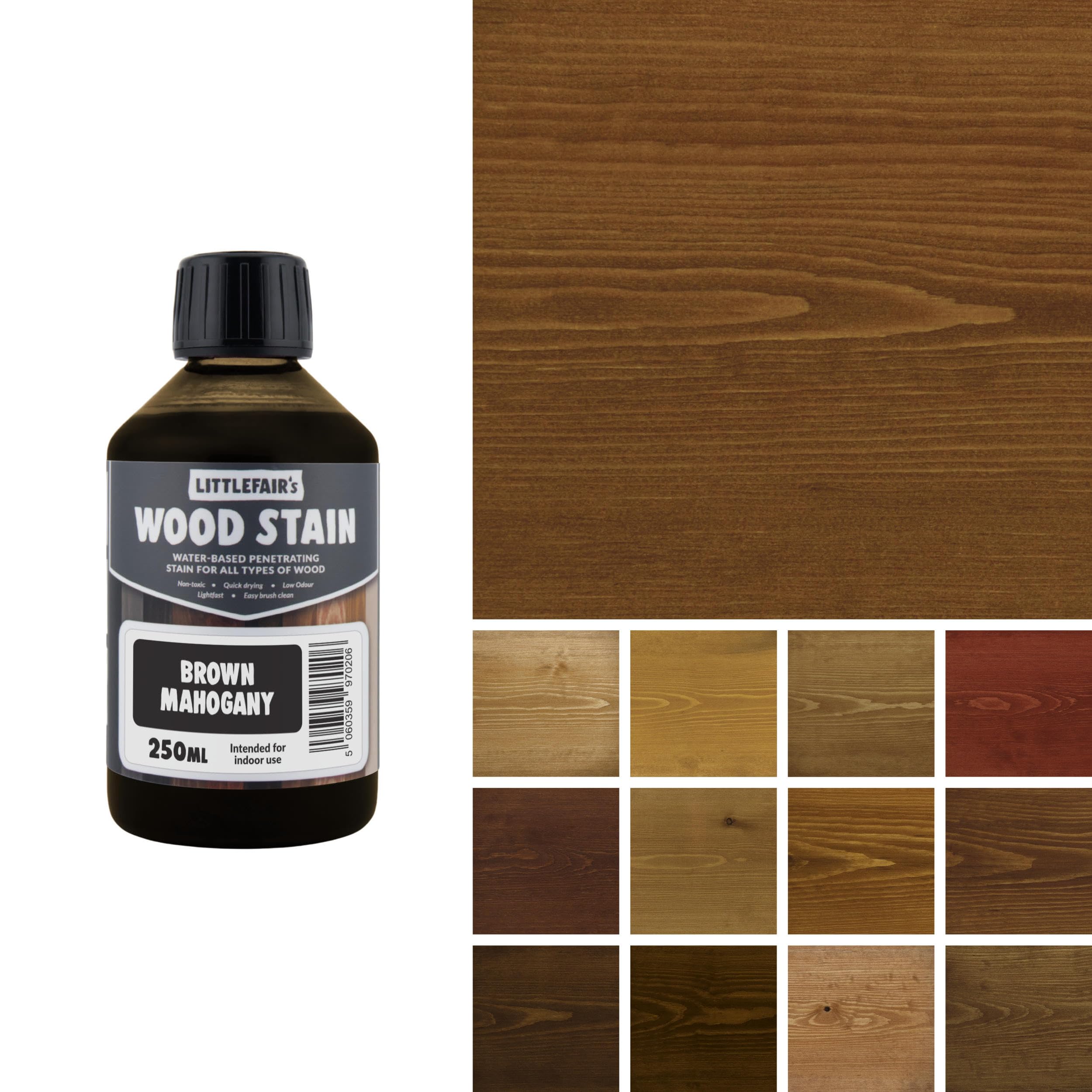 Littlefair's Wood Stain Water-Based - (Brown Mahogany) – Non-Toxic, Eco-Friendly & Quick Drying - Easy-to-Apply, Concentrated Formula for All Wood Types – 250ml