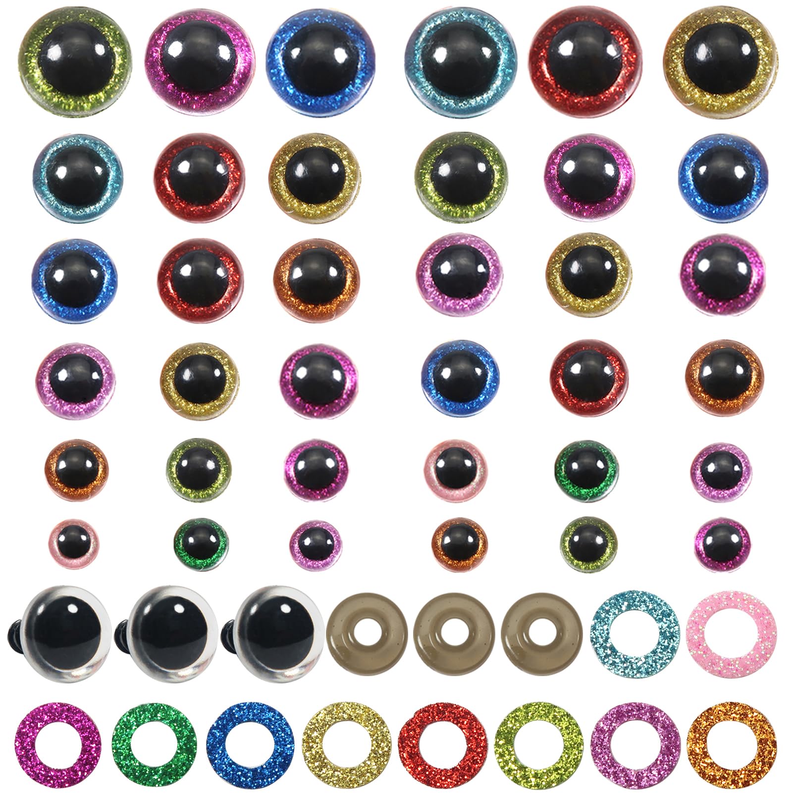 TOAOB 150 Pieces 10 Colours Round Safety Eyes Plastic Non-Woven Glitter 10 mm 12 mm 14 mm 16 mm 18 mm 20 mm with Washers for Soft Toy Pet Puppets