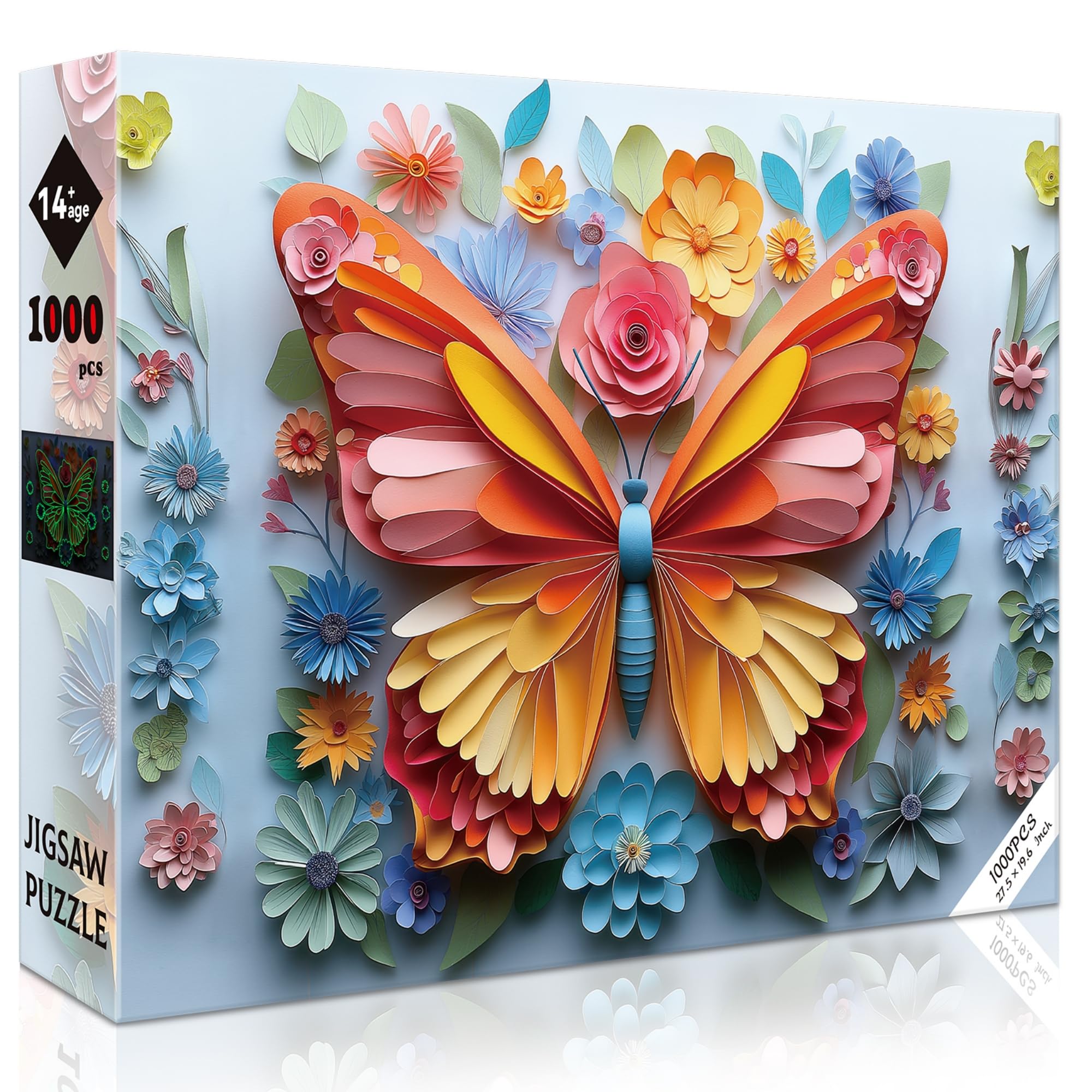 Photo 1 of 1000 Piece Puzzle for Adults Butterfly Noctilucous Jigsaw Puzzles - Challenging 3D Puzzles Stunning Flower Art Wall Decor, Gift for Adult Puzzle Lovers (27.5x19.6 Inch)