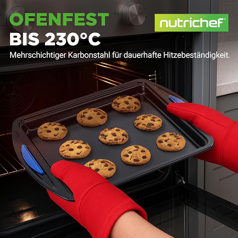 Backblech Set 3-teilig – Antihaft Ofenbleche Blau mit Silikongriffen, 45.5x27 cm, 40x25 cm, 35x22 cm PFOA-frei, stapelbar und langlebig, rutschfest, gut für Pizza, Kuchen, Brot, Blau/Schwarz — Foto 2 von 8