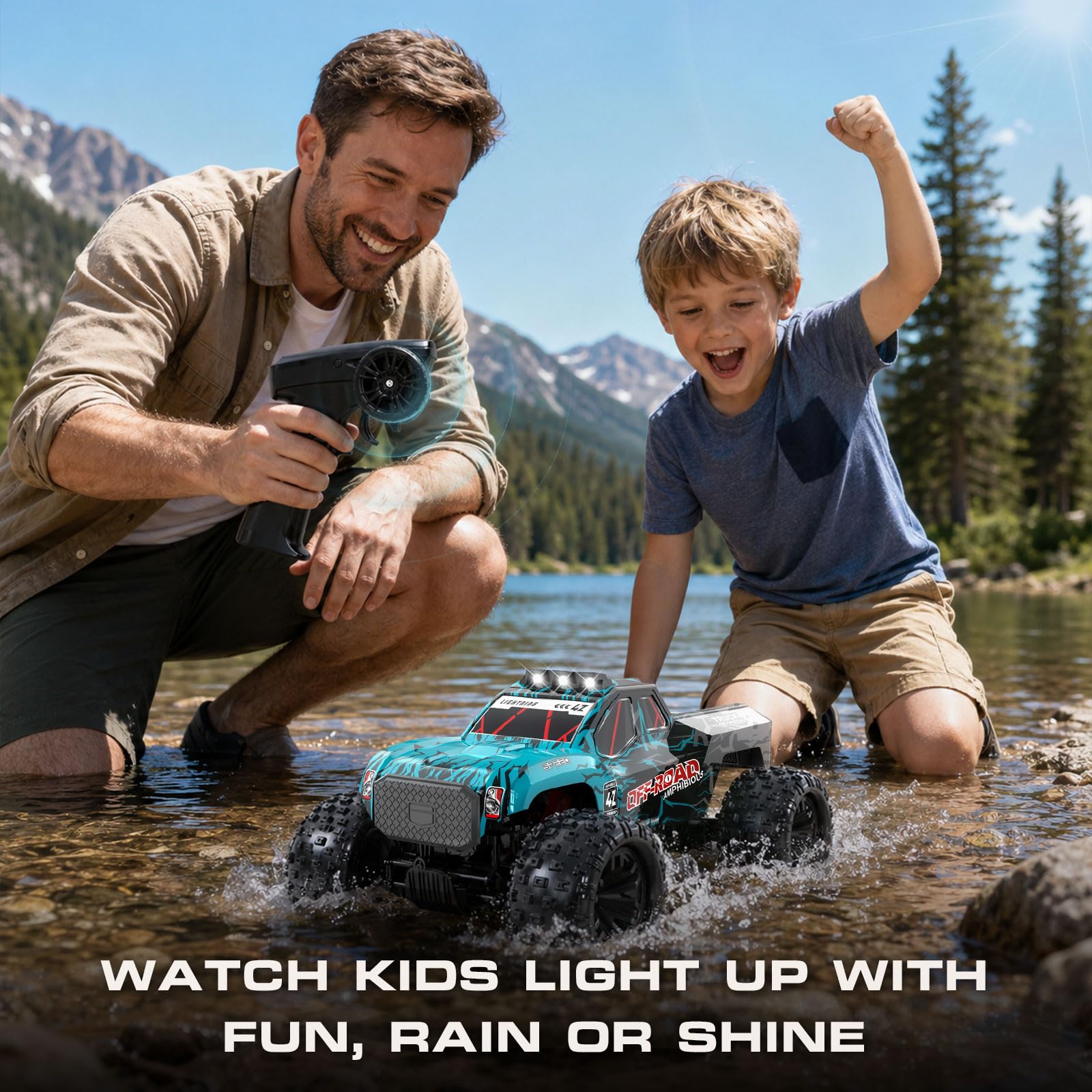 YESHIN Amphibienfahrzeug Ferngesteuertes Auto 1:14, 4WD RC Auto Geländewagen mit Licht & 2 Akkus, 2,4GHz Monstertruck Geschenk für Kinder Erwachsene Spielzeugauto für Sand, Wasser & Gelände 8
