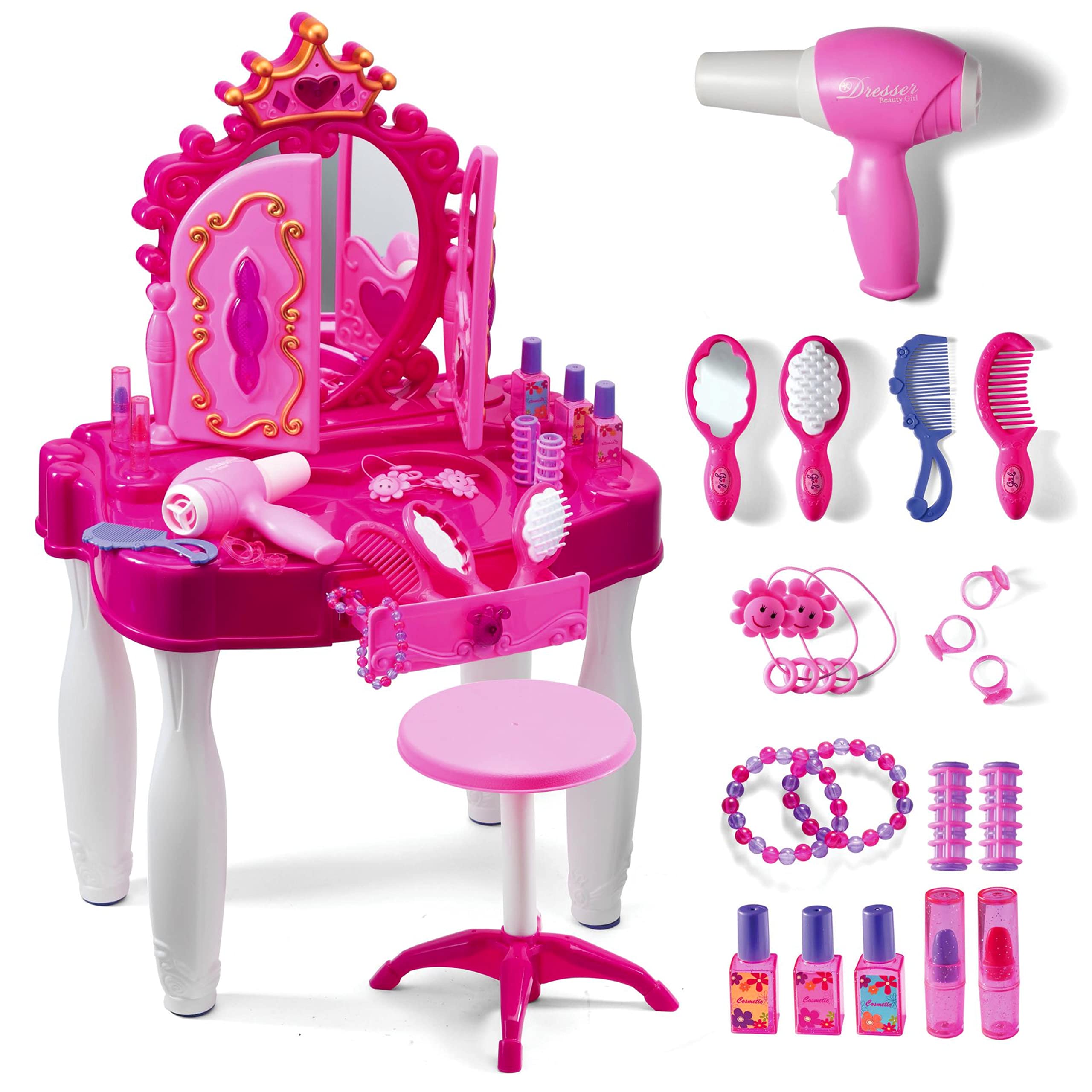 View 1 of Play22 Pretend Play Girls Vanity Set with Mirror and Stool 21 PCS - Kids Makeup Vanity Table Set with Lights and Sounds - Includes Fashion Hair & Makeup Accessories