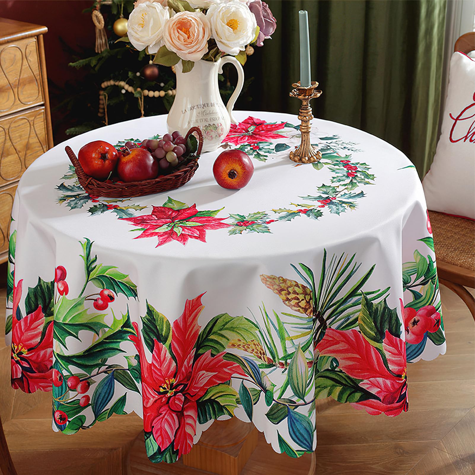 auons Christmas Tablecloth Round 60 Inch, Holly Leaves Berry White Washable Table Cloths Christmas Decorations, Waterproof Chrismtas Table Cover for Dinner Table Holiday Party Picnic