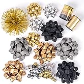 WRAPAHOLIC 14 Pcs Gift Bows Assortment - 10 Multi Colored Assorted Size Gift Bows(Black, Gold, Silver, Old Gold), 2 Crimped Curling Ribbons, 1 Curly Bow, 1 Tinsel Bow for Christmas and New Year