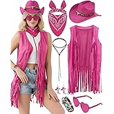 Western Cowgirl Outfits for Women Long Fringe Sleeveless Vest Retro 70s Cowboy Accessories Hippie Country Set 7PCS