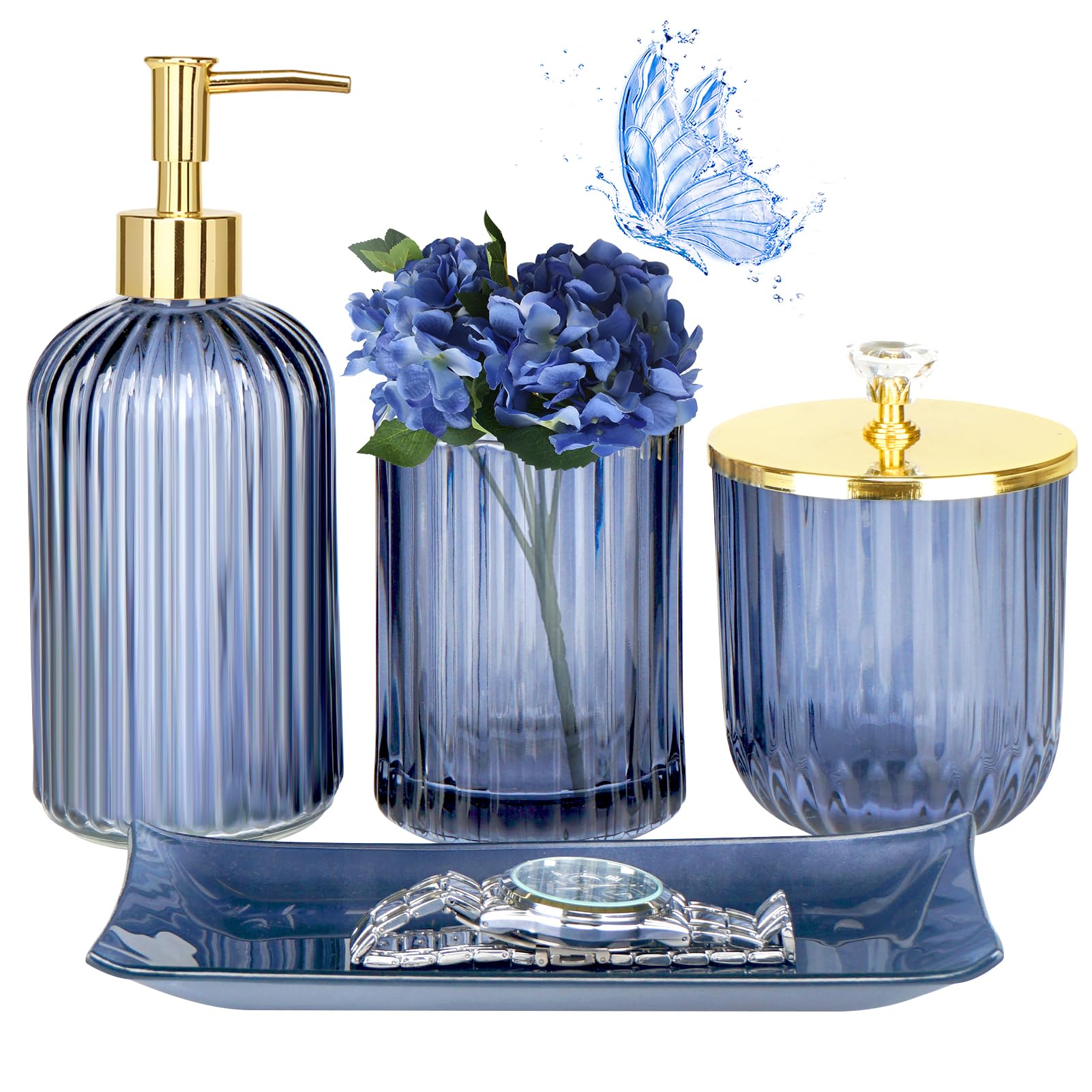 Photo 1 of Jenseits Blue Bathroom Accessories, 4 Pcs Glass Bathroom Set Complete Includes Soap Dispenser, Toothbrush Holder, Apothecary Jar, Vanity Tray, Decorative Bathroom Organizers Decor, Housewarming Gift