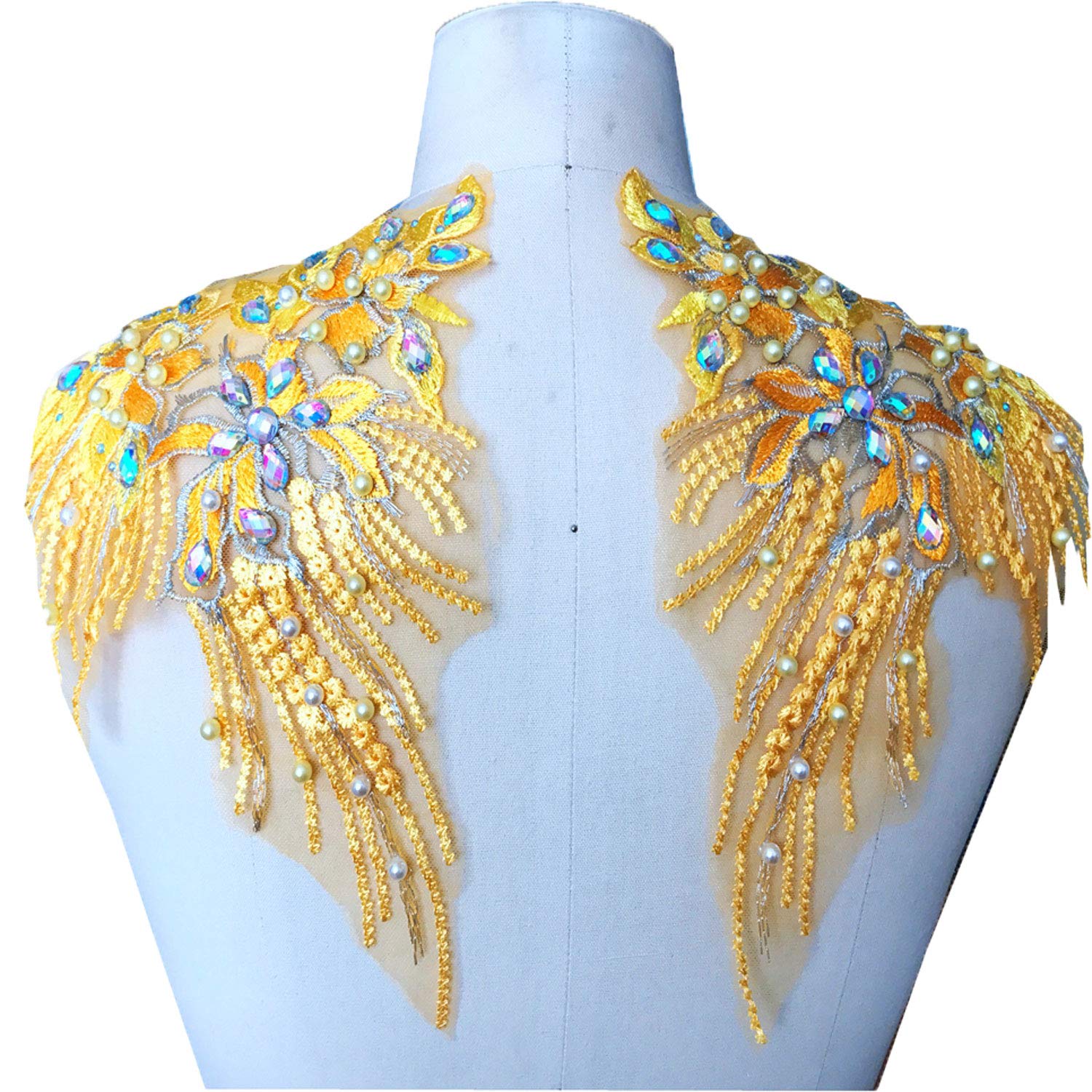 Mirror Pair Beaded Floral Applique Colorful Rhinestone Motif Embroidery Shoulder Jewelry Patch for Party Costumes Dance Dress(Gold)