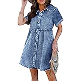 luvamia Women's Casual Short Sleeve Button Down Tiered Denim Babydoll Jean Dress