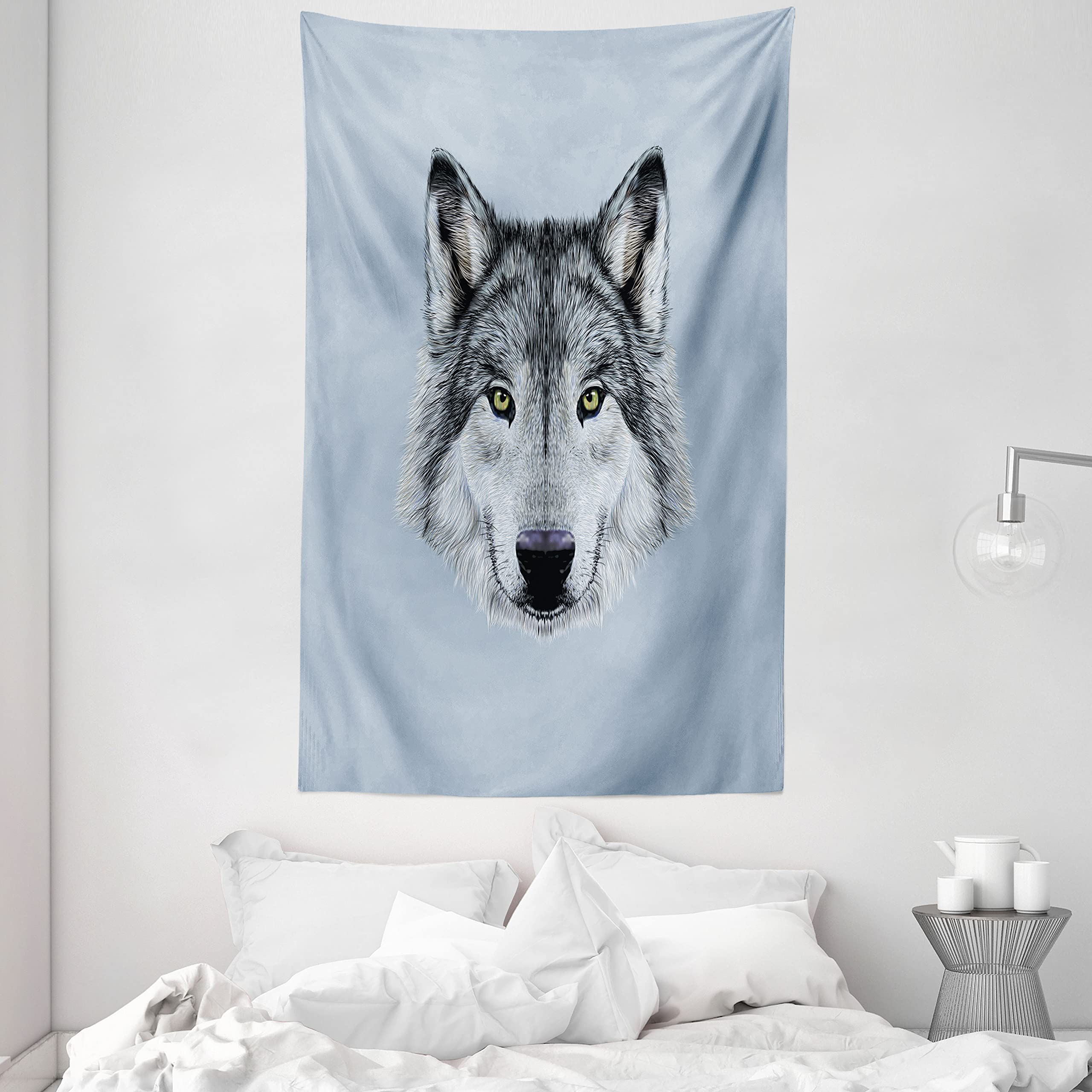 ABAKUHAUS Wolf Tapestry, Dog Portrait Gaze Sublime Animal Illustration Canine Beast, Fabric Wall Hanging Decor for Bedroom Living Room Dorm, 54 W X 90 L, Black Beige Bluegrey