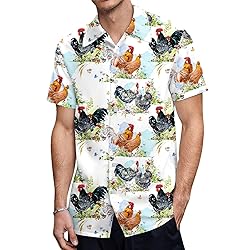 HUGLAZY Chicken Hawaiian Shirts for Men Button Down