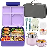 Reeple Bento Lunch Box for Kids with 12oz Soup Thermo, Leak-Proof Lunch Containers with 5 Compartments, Insulated Lunch Bag, Thermo Hot Food Jar with Spoon for Kids to School, Travel, Purple