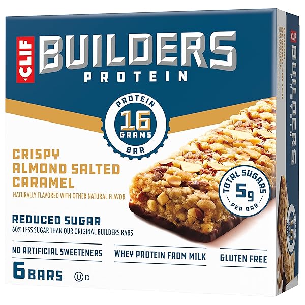 CLIF BUILDERS PROTEIN BARS – CRISPY ALMOND SALTED CARAMEL – REDUCED SUGAR – GLUTEN FREE – 16G PROTEIN – NO ARTIFICIAL SWEETENERS – 1.97 OZ. (6 PACK)