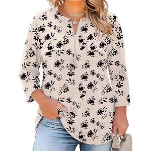 LOMON 3/4 Length Sleeve Womens Plus Size Tops V Neck Tunic Blouses Dressy Casual Oversized Basic Tees Loose Fit Shirts