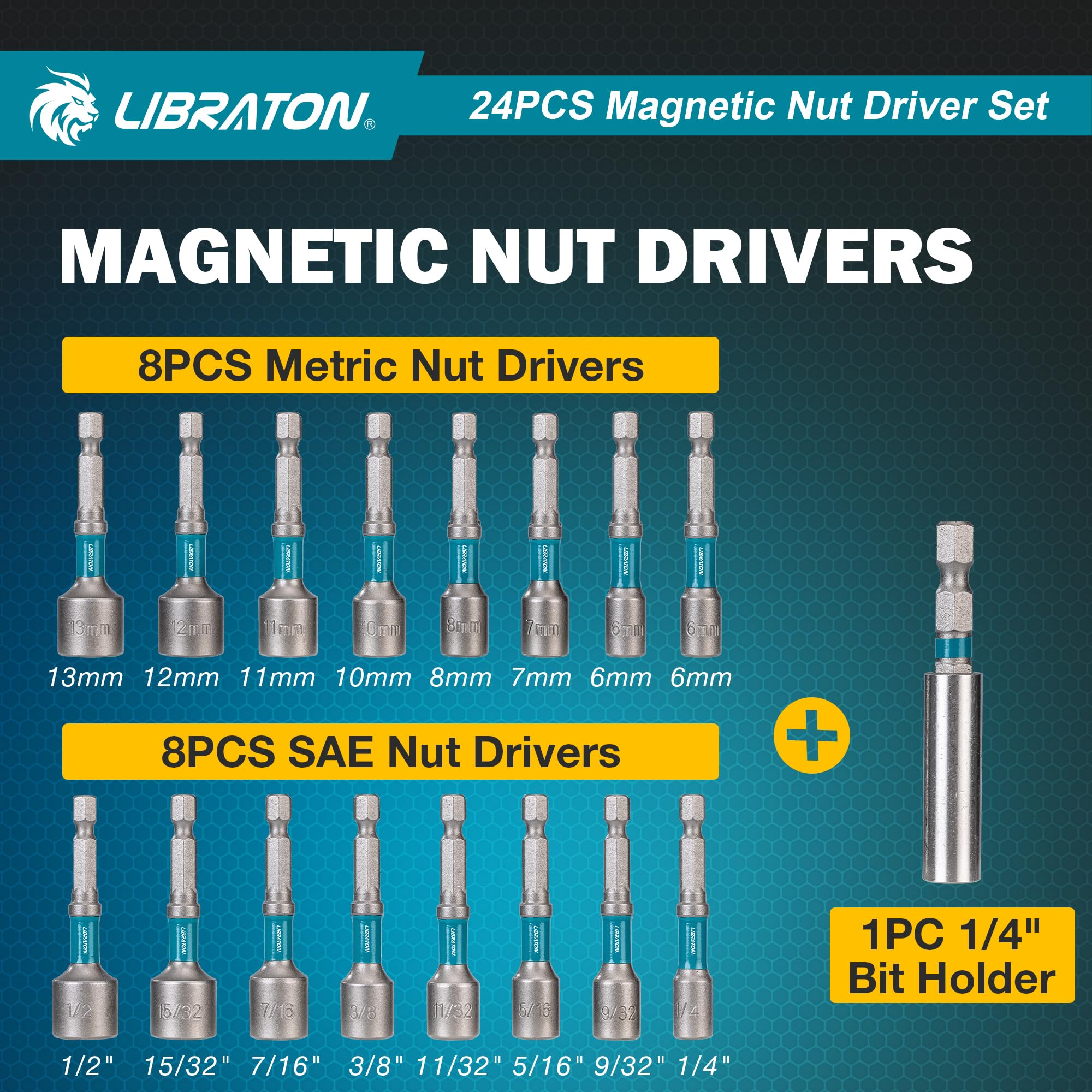 LIBRATON 24 Magnetisches Steckschlüssel-Set, Schlagbohrschrauber-Bit-Set 1/4 Zoll, Metrische und SAE Magnet Stecknuss für Schlagbohrmaschinen, Stecknuss Adapter, Bithalter, Bohrer, mit Werkzeugkasten 2